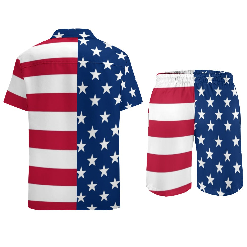 American Flag 2pc Casual Button Up Shirt and Swim Trunks Men's Beach Leisure Suit Outfit