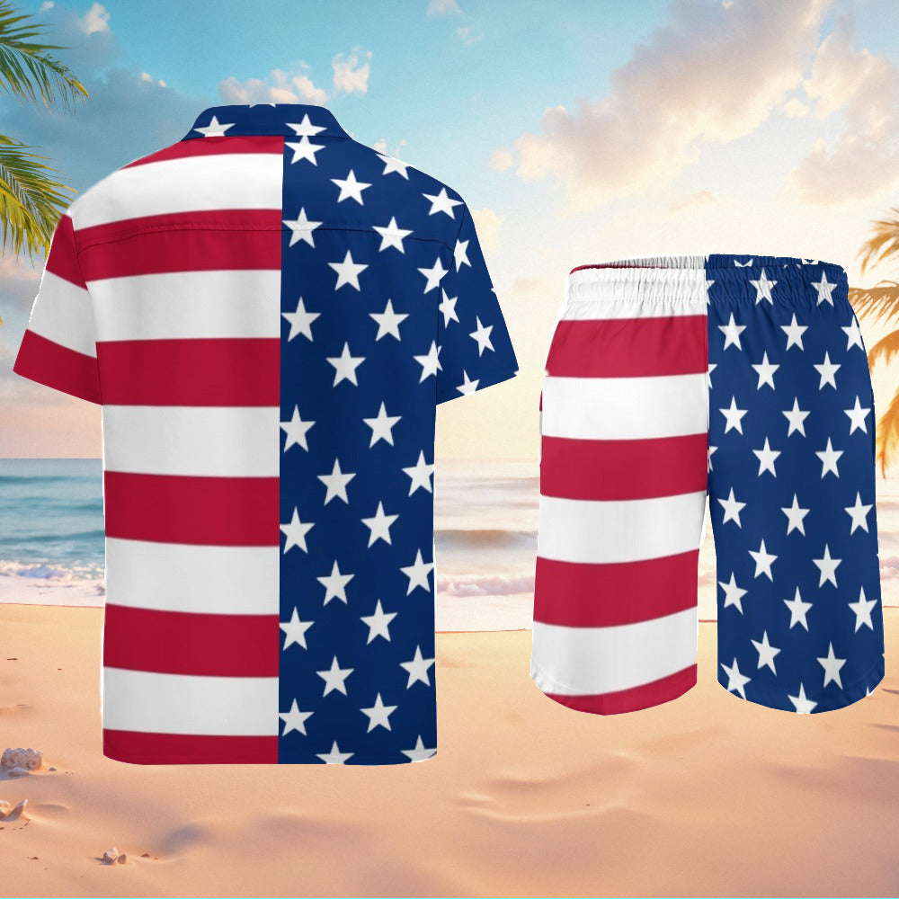 American Flag 2pc Casual Button Up Shirt and Swim Trunks Men's Beach Leisure Suit Outfit