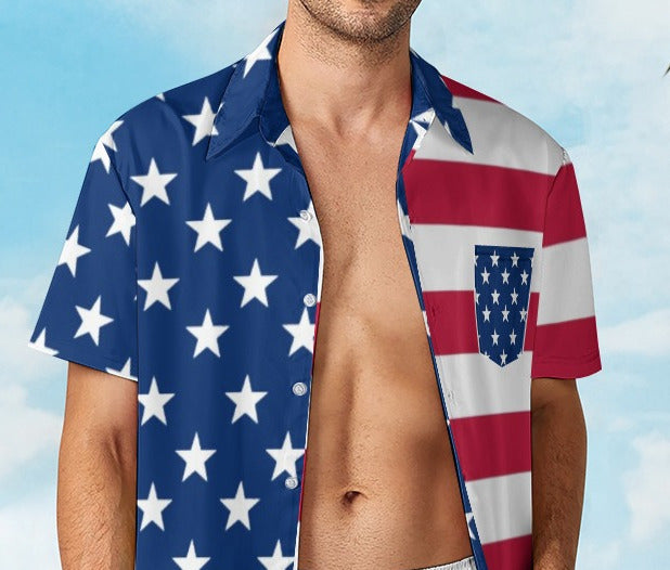 American Flag 2pc Casual Button Up Shirt and Swim Trunks Men's Beach Leisure Suit Outfit