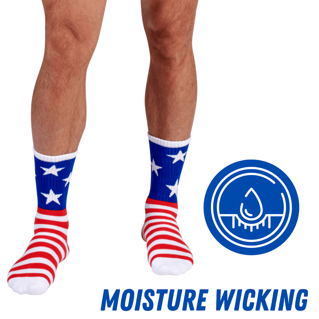 Bamboo Sports Red White and Blue Premium Bamboo Rayon Crew Work Socks- Moisture Wicking, Odor Eliminating Red, White, and Blue American Flag 4th of July Socks for Men and Women Gift Box 3 Pair